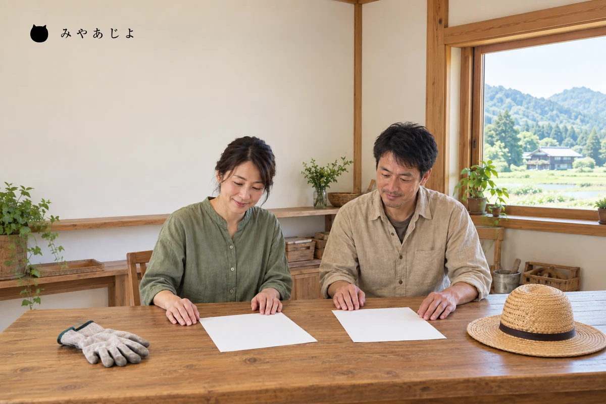 架空の農村体験の運営担当者二人が、無地の確認用紙と準備用具を前に集合と変更連絡を確認する編集用イメージ