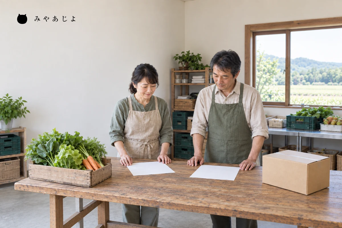 架空の農産物販売担当者二人が野菜と無地の確認用紙を前に、受取と発送の準備を確認する編集用イメージ