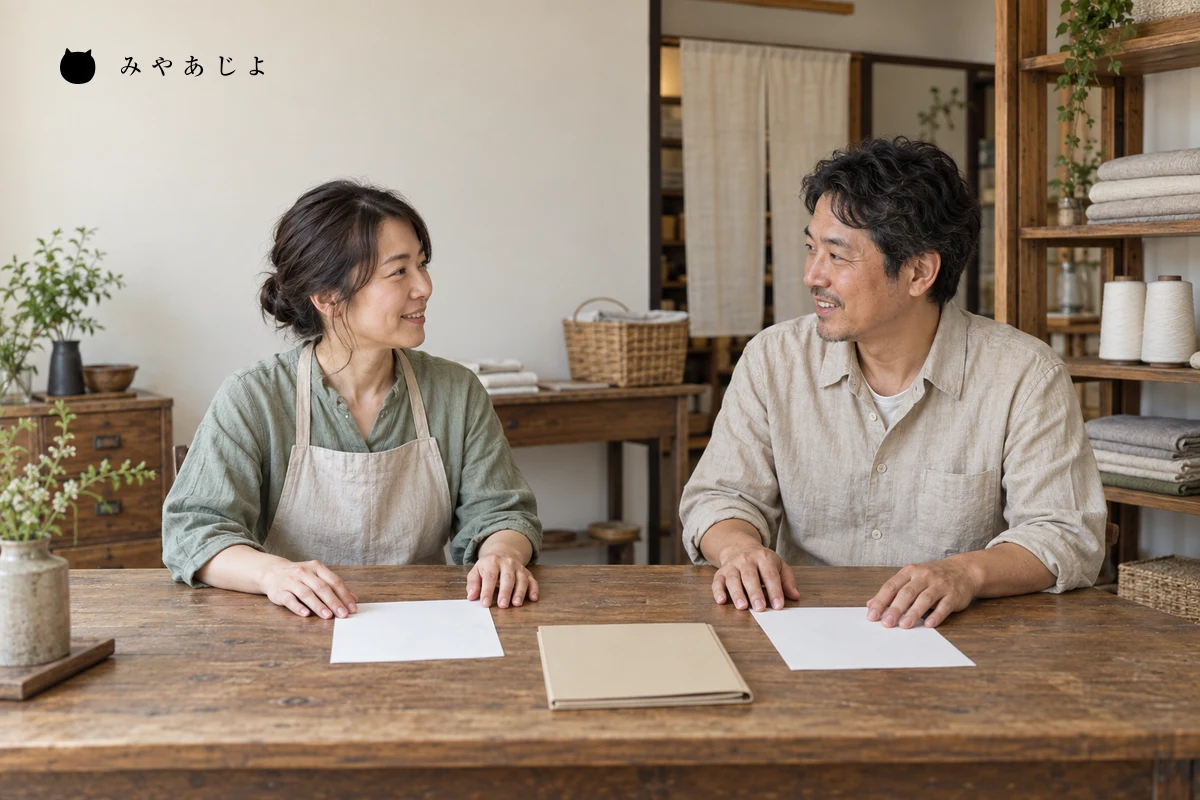 架空の店舗担当者二人が白紙の案内用紙を前に来店方法と送迎の受付説明を確認する編集用イメージ