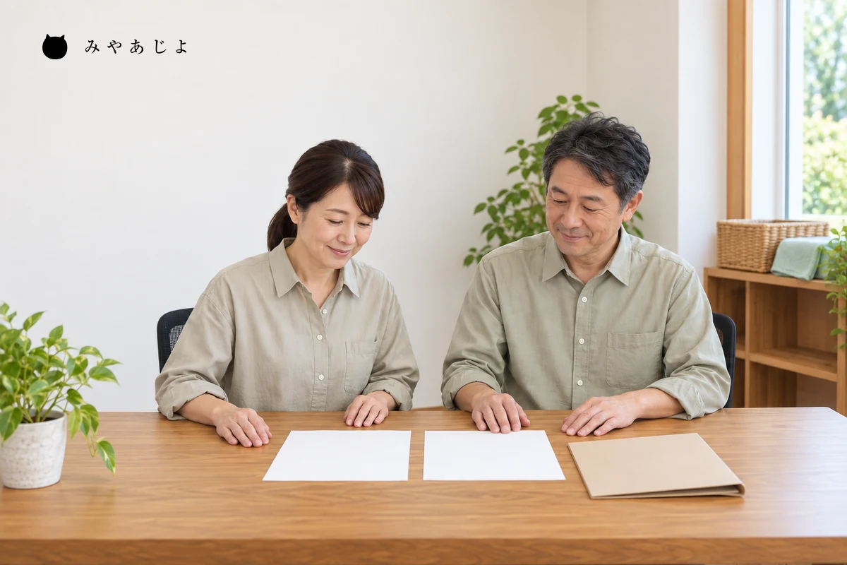 架空の訪問サービス担当者二人が白紙の確認用紙を前に訪問日程と費用の説明を照合する編集用イメージ