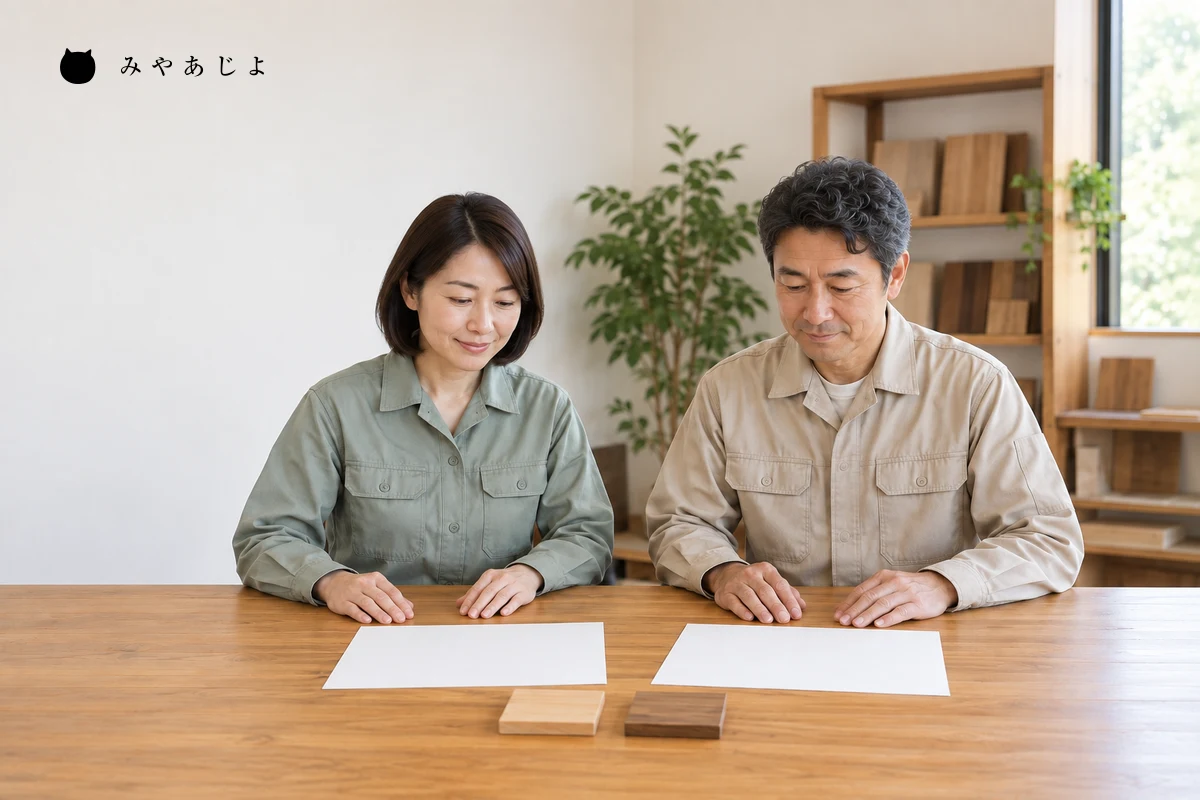 木材の小さな見本と白紙の資料を机に置き、企画の報告内容を確認する架空の担当者二人