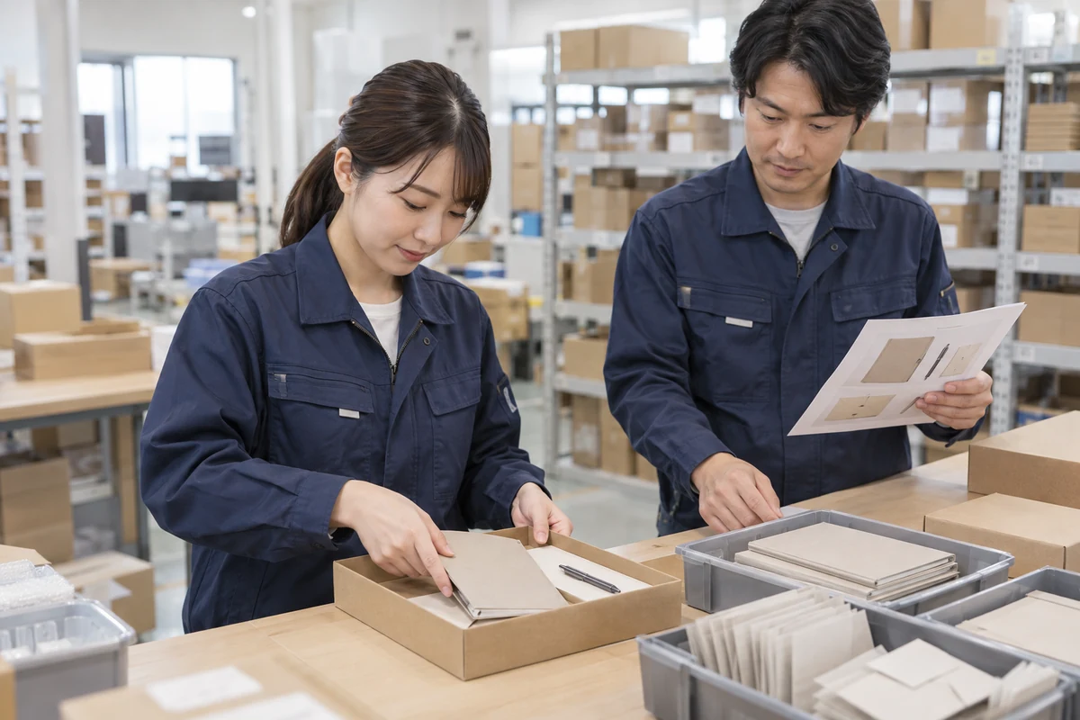 倉庫の作業台でノートとペンのセット内容を確認するスタッフのイメージ