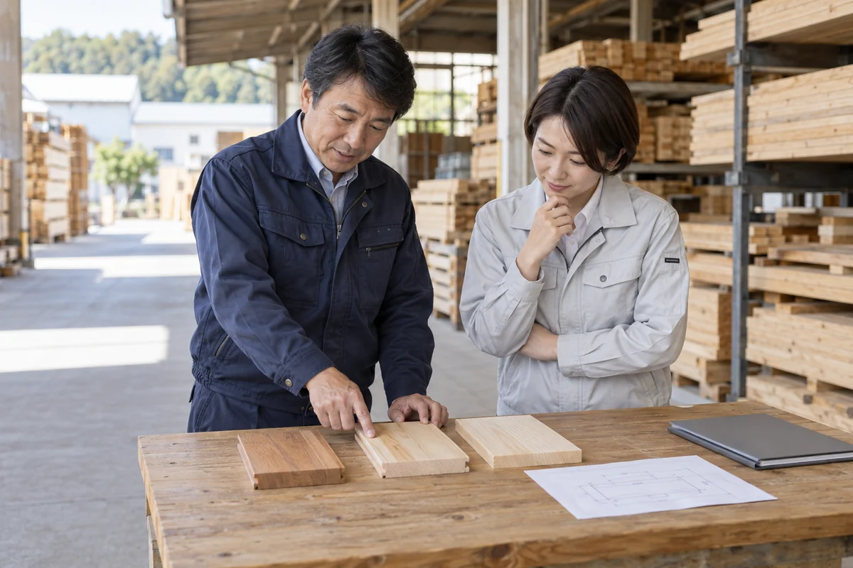 木材のサンプルと図面を見ながら、担当者と取引先が仕様を相談するイメージ