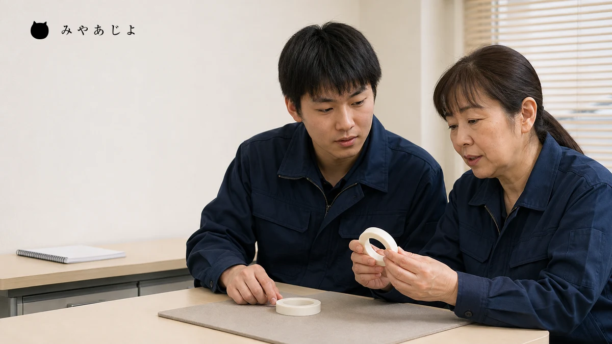 架空の新人と指導役が机上の見本について話す採用ページ用の編集イメージ