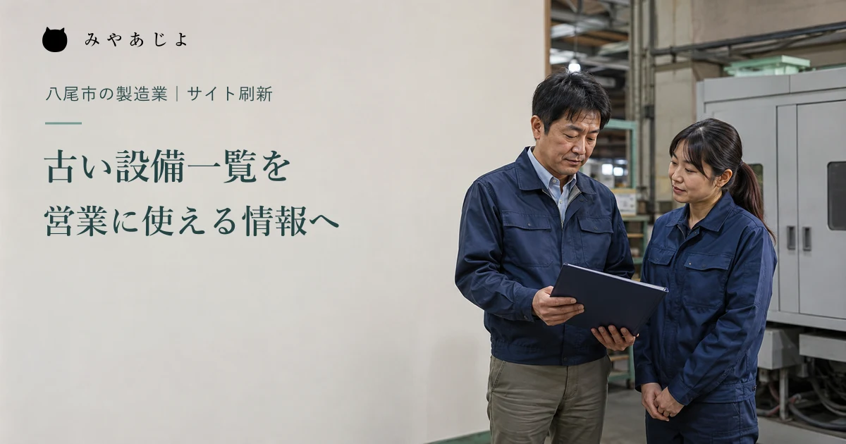 架空の工場担当者二人が閉じた機械の近くで確認資料を見直す主写真の編集イメージ