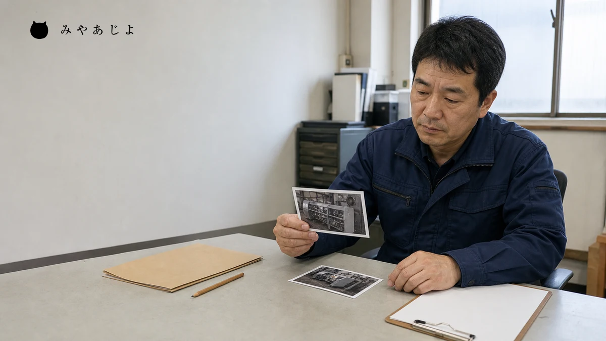 架空の工場担当者が机上で設備写真と確認資料を見比べる編集イメージ