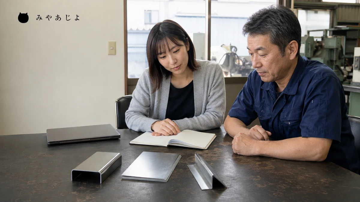 架空の製造会社の担当者が加工品の見本と資料を机に並べてページ分類を確認する編集イメージ