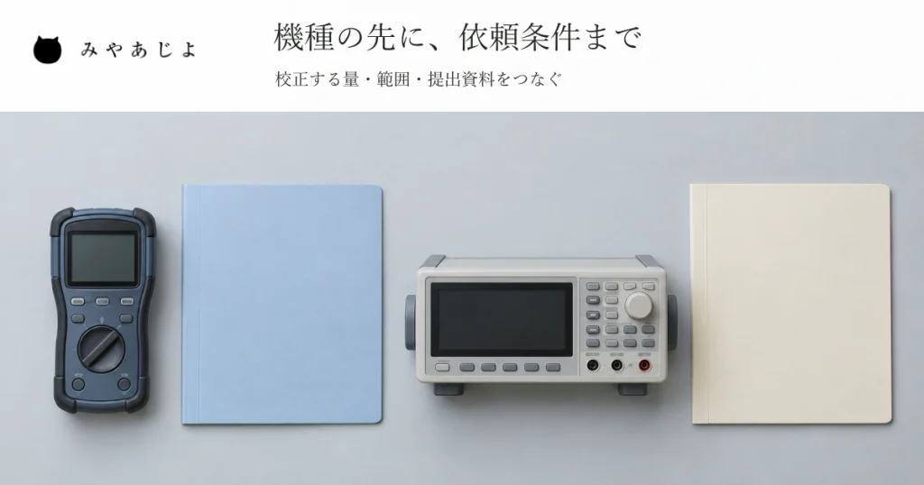 通電していない説明用の手持ち計測器と卓上計測器をそれぞれ無記名の資料フォルダーと組み合わせ、機種と依頼条件をつなぐ見出しを添えた校正サービスの案内イメージ