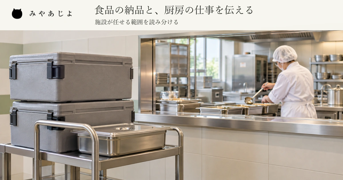 蓋付きの食品納品容器を載せた台車と、施設厨房で作業する一人の調理スタッフを手前と奥に配し、食品の納品と厨房の仕事を伝える見出しを添えた架空の給食会社イメージ
