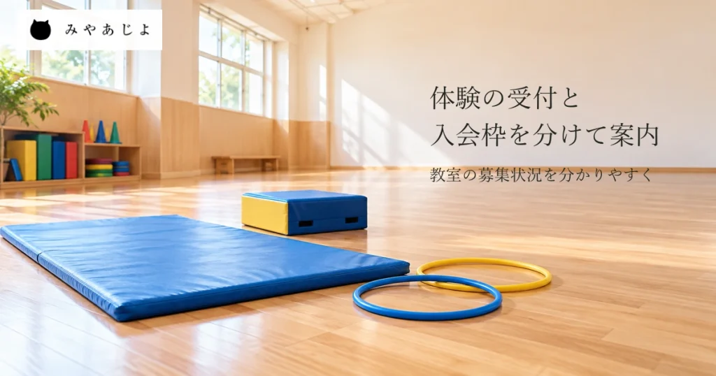 開始前の架空の教室に運動用マットと練習用具を置いた一般的な写真と、体験の受付と継続入会の枠を分けて案内する見出し