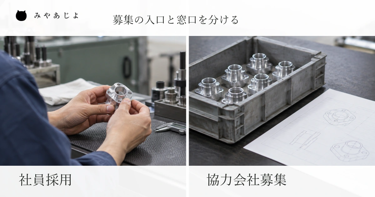 左に製造現場で部品を確認する作業の手元、右に事業者間の相談に使う加工部品と参考図面を配置した一般的な写真構成と、社員採用・協力会社募集を分ける見出し