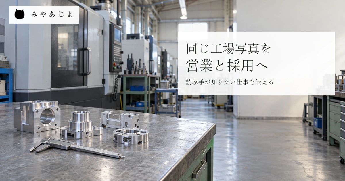 手前の金属部品の確認台から奥の加工設備へ視線が続く一般的な工場のイメージと、同じ工場写真を営業と採用へという見出し