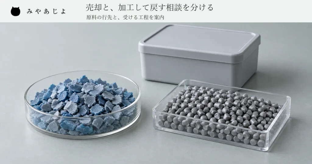 別々の見本容器に入れた青いプラスチック片と灰色のペレット、奥の閉じた無記名の受渡し容器を見せ、売却と加工して戻す相談を分ける見出しを添えた架空のプラスチック再生事業のイメージ