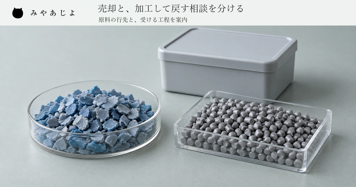 別々の見本容器に入れた青いプラスチック片と灰色のペレット、奥の閉じた無記名の受渡し容器を見せ、売却と加工して戻す相談を分ける見出しを添えた架空のプラスチック再生事業のイメージ
