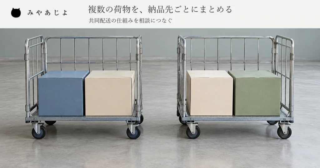 左の配送用カートに青とアイボリー、右のカートにアイボリーとセージの無記名の箱を組み合わせ、複数の荷物を納品先ごとにまとめる見出しを添えた架空の共同配送案内イメージ