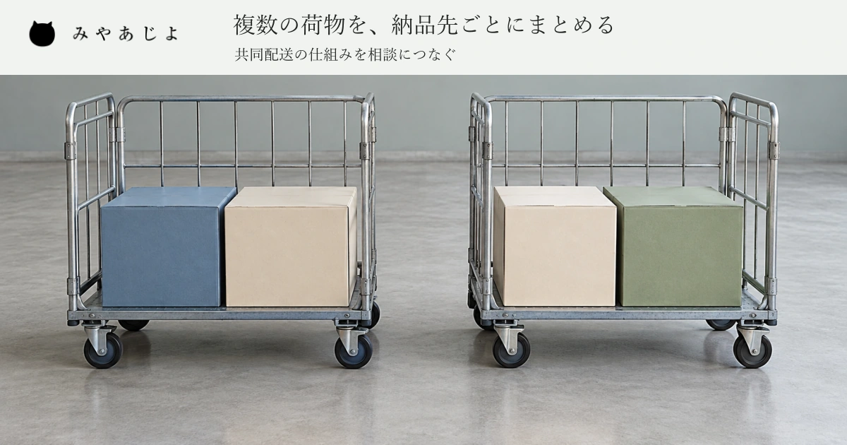 左の配送用カートに青とアイボリー、右のカートにアイボリーとセージの無記名の箱を組み合わせ、複数の荷物を納品先ごとにまとめる見出しを添えた架空の共同配送案内イメージ