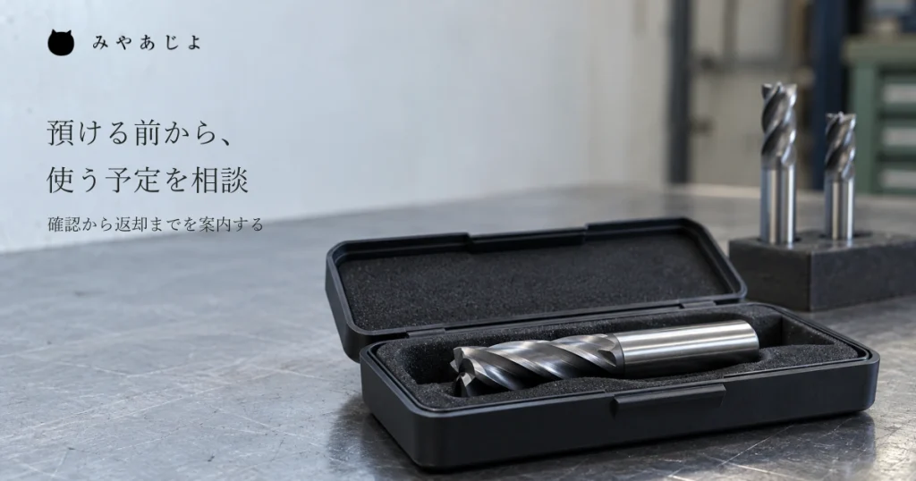普通の机のケースに収めた一般的な切削工具と奥の工具を自然な光で見せ、預ける前の使用予定の相談から現物確認と返却までの案内を考える写真イメージ