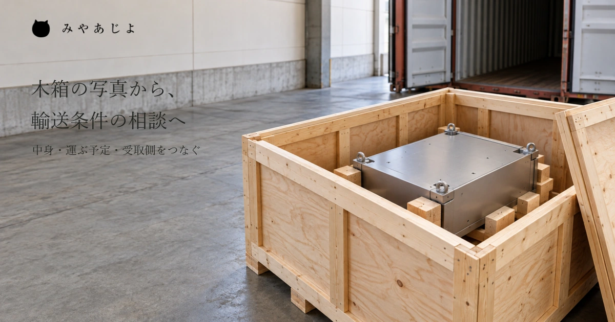 普通の倉庫の木箱に入る一般的な金属の荷物と奥のコンテナを自然な光で見せ、中身・輸送予定・受取側の条件から梱包の相談を考える写真イメージ