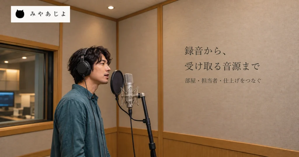 普通の架空の録音ブースでヘッドホンを着けた成人がマイクへ声を収録する場面を自然な光と素材感で見せ、録音から仕上げと受け取る音源までの相談を考える写真イメージ