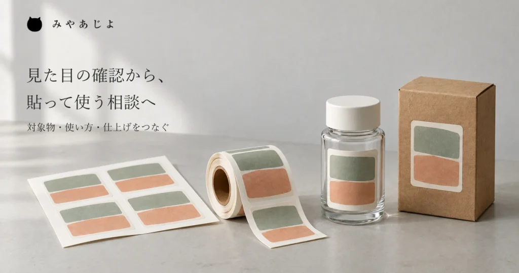 普通の作業机の文字のない見本ラベルのシートとロール、無記名の容器と紙箱を自然な光で見せ、見た目の確認と貼って使う条件の相談をつなぐ写真イメージ