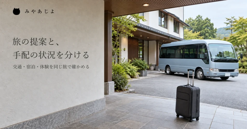 普通の宿泊施設の車寄せに小型の無印観光バスと旅の荷物が見え、交通と宿泊を含む旅の提案と手配を考える自然な写真イメージ