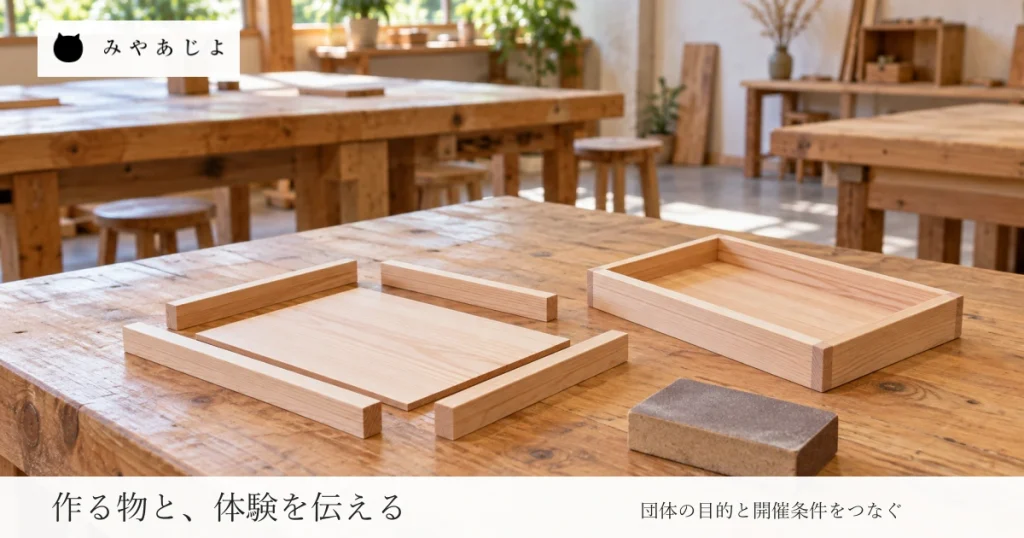 普通の木工工房の机に並べた木の部材と組み立てたトレーを自然な光で見せ、作る物と体験する活動・団体の開催条件を考える写真イメージ