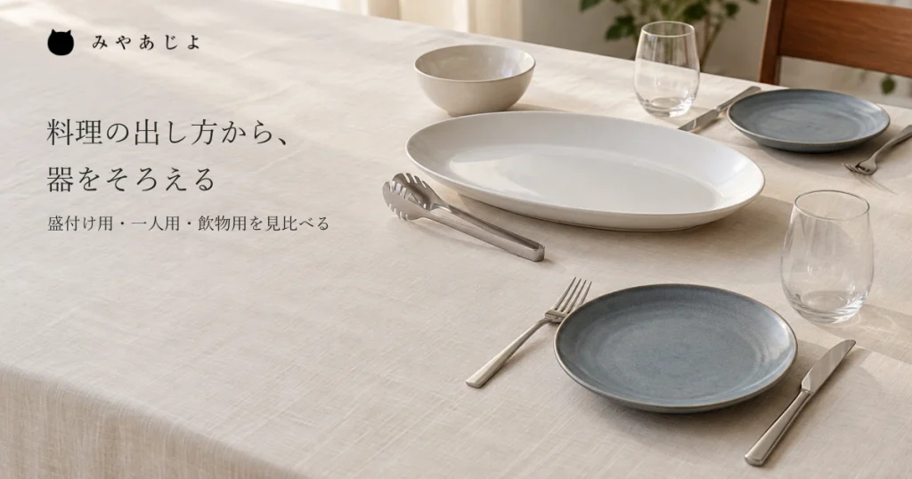 普通の会食テーブルの共有する大皿と取り分ける道具、一人用の皿、飲物用グラスを自然な光で見せ、料理の出し方から借りる器の組合せを考える写真イメージ