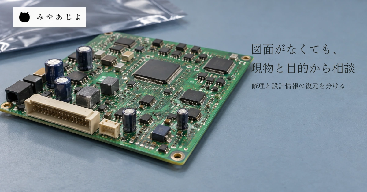 普通の作業台に置いた一般的な実装基板と奥の袋を自然な光と実物の素材感で見せ、図面がなくても現物と目的から修理・設計情報復元の相談を考える写真イメージ