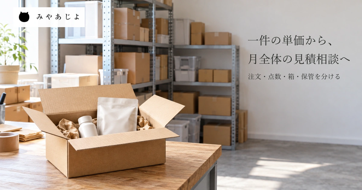 普通の小規模倉庫の一箱に入る無地の商品と奥の保管棚を自然な光で見せ、注文・商品点数・箱・保管量から月の見積条件を考える写真イメージ