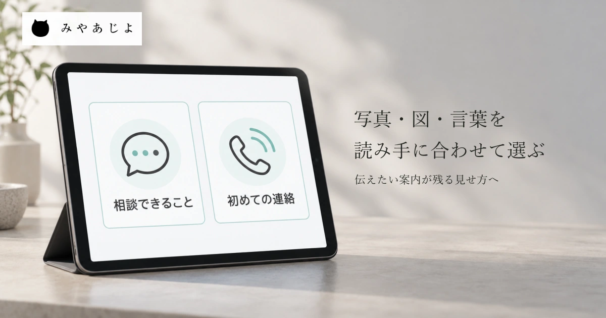 普通の机の端末に図と言葉で相談内容と初めての連絡を示す架空の案内画面を映し、読み手に合う表現を選ぶことを考える自然な写真イメージ