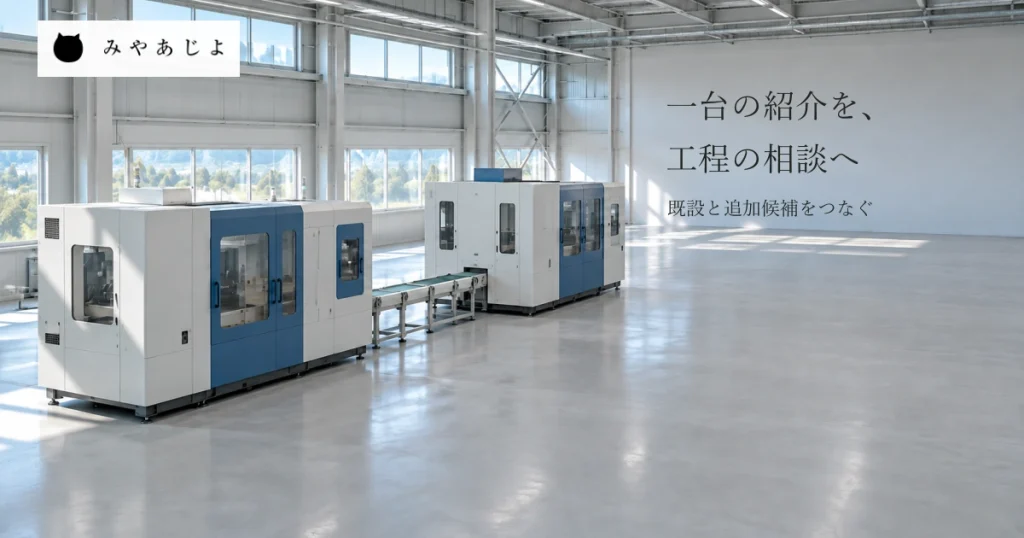 普通の工場の二台の閉じた架空の機械と短い搬送部を自然な光で見せ、一台の製品紹介を前後の工程と既設・追加候補の相談へつなぐ写真イメージ