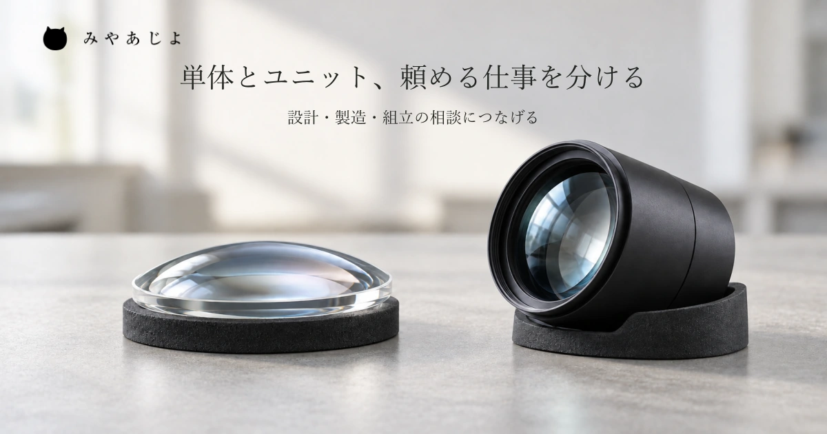 明るい灰色の確認台を想定した空間に、単体の透明なレンズと短い無記名の黒い鏡筒ユニットを別々に置き、依頼する単位を考える自然な写真イメージ