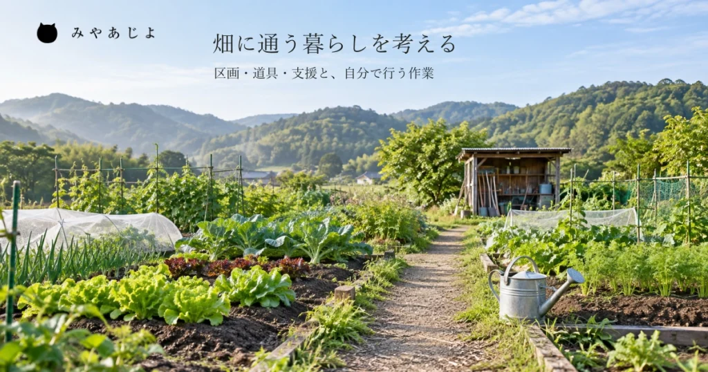 一般的な農園の区画と通路、道具を置く小屋とじょうろを自然な光で見せ、農園の支援と自分の作業を合わせて畑へ通う暮らしを考える写真イメージ