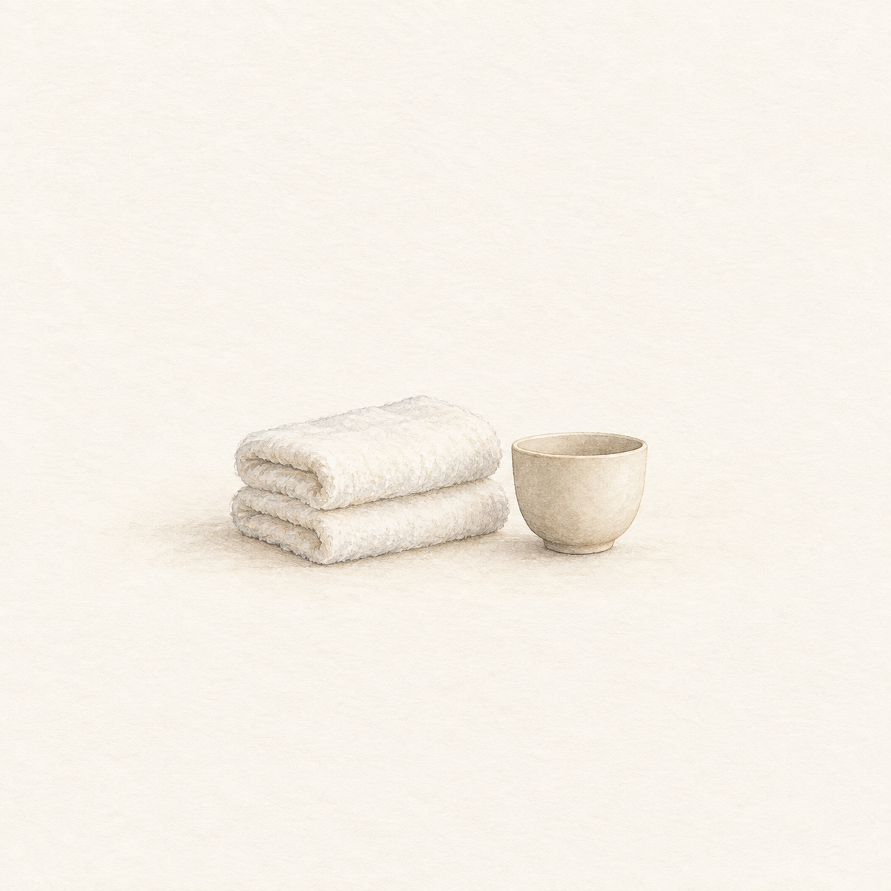 畳んだタオルと湯飲みを描いた水彩風の生成イラスト