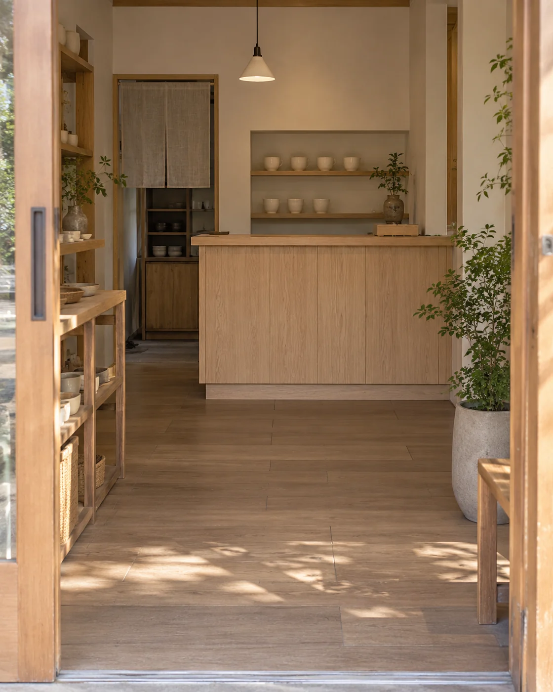 木のカウンターと商品棚がある店内。地域店の紹介を考えるための生成イメージ