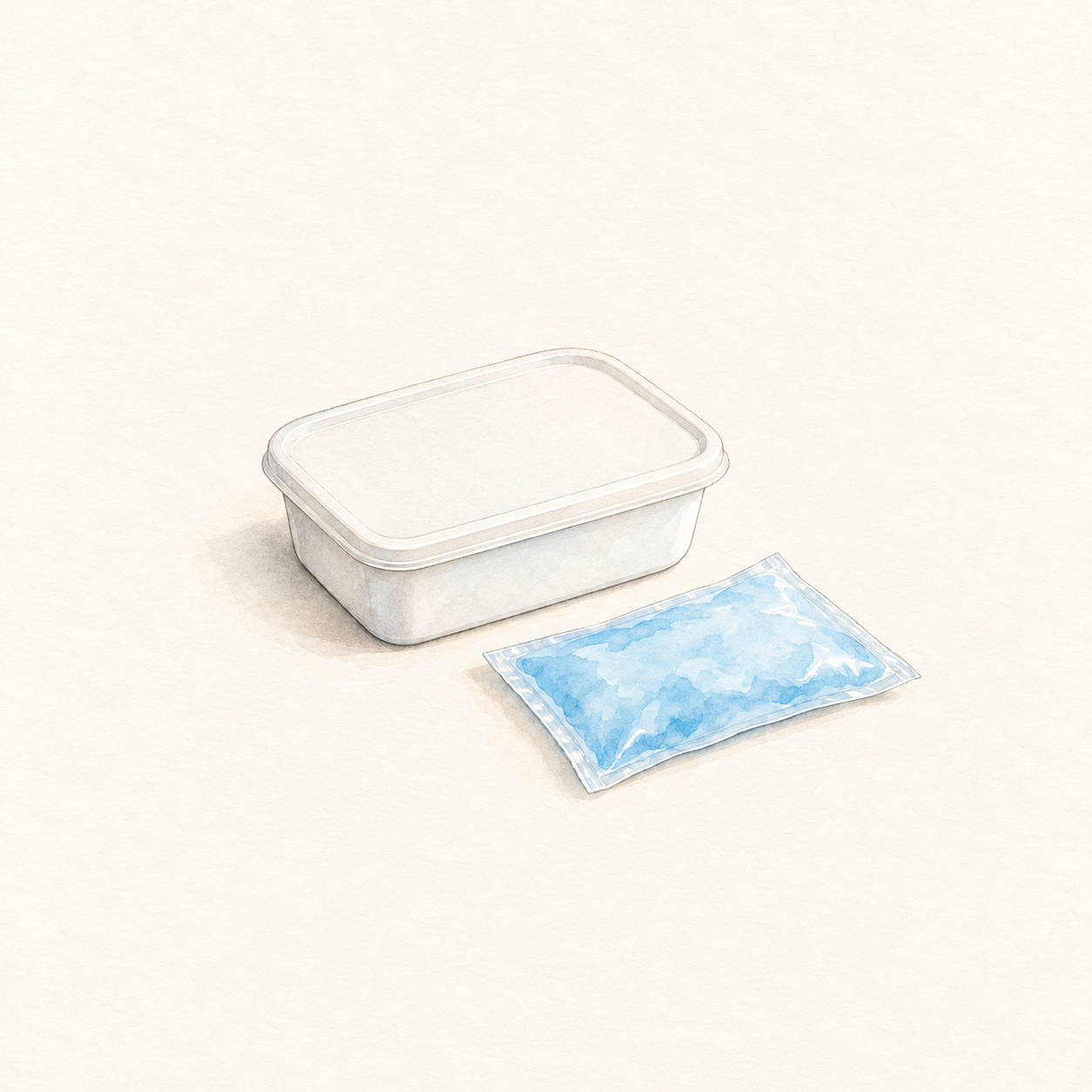 ふた付き食品容器と保冷剤を描いた水彩風の生成イラスト
