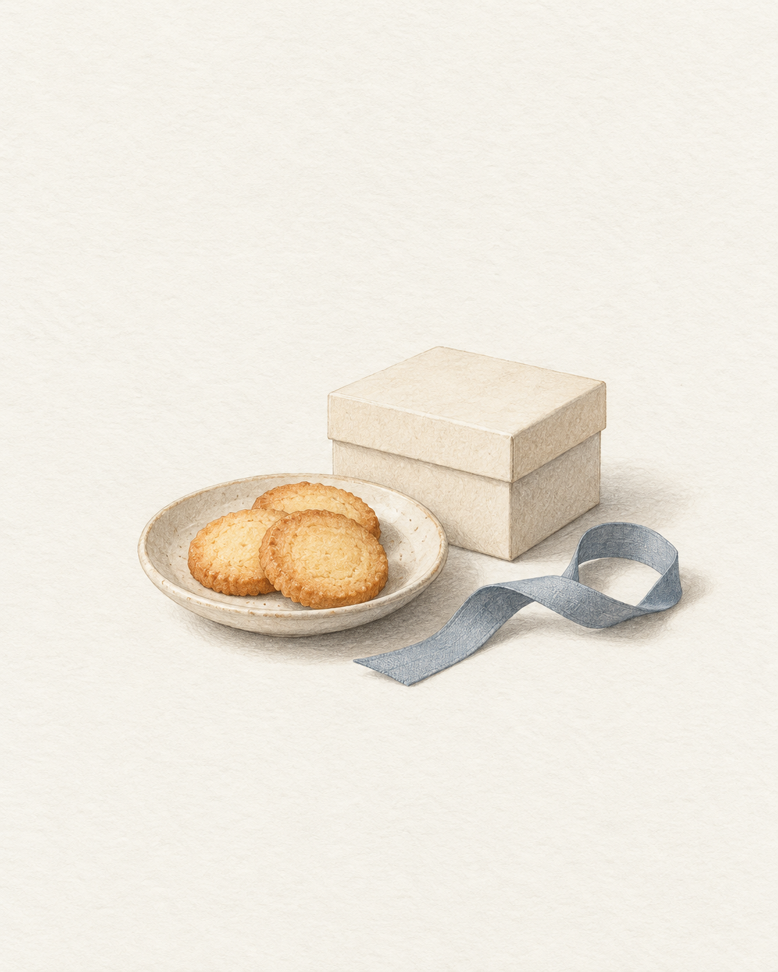 焼き菓子と無地の贈答箱、包装用のリボンを並べた水彩風の生成イラスト