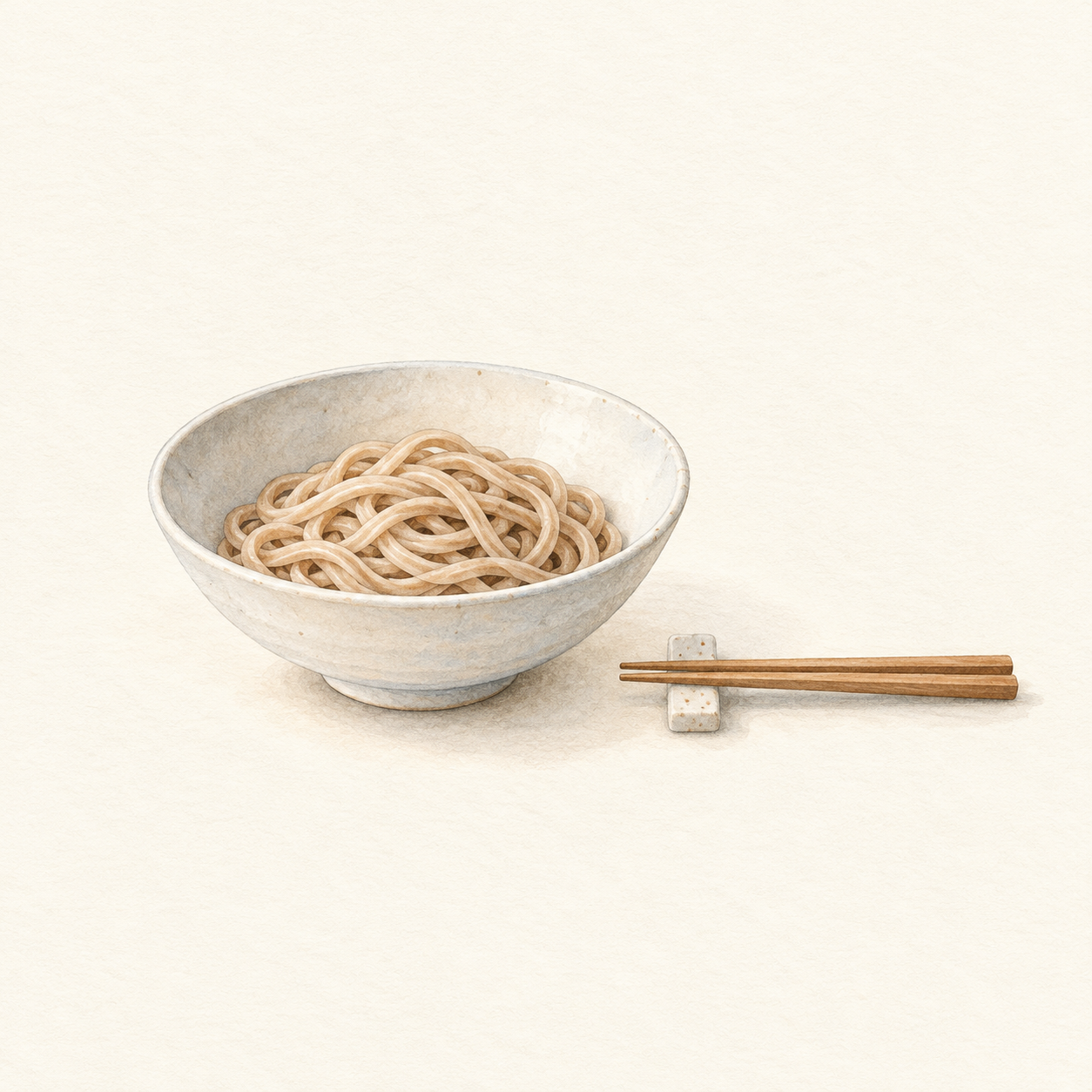 茶色がかった麺を盛った器と箸を描いた水彩風の生成イラスト