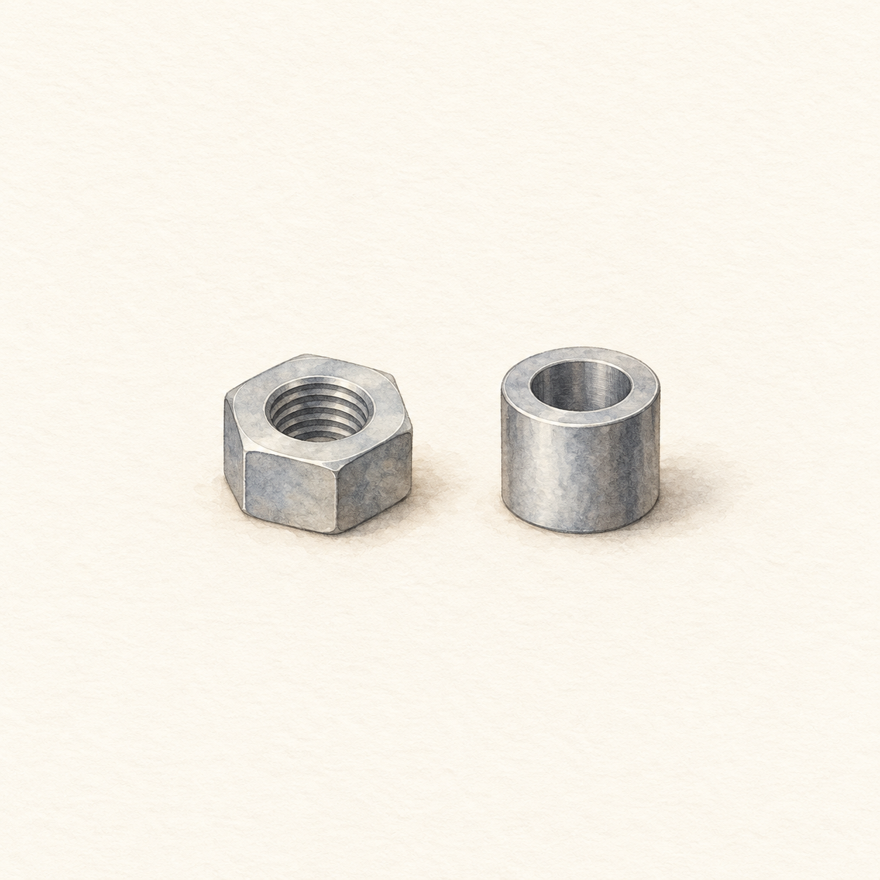 六角ナットと筒状の金属部品を描いた水彩風の生成イラスト
