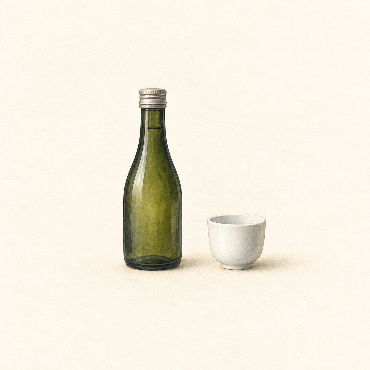 無地の緑色の酒瓶と白いおちょこを描いた水彩風の生成イラスト