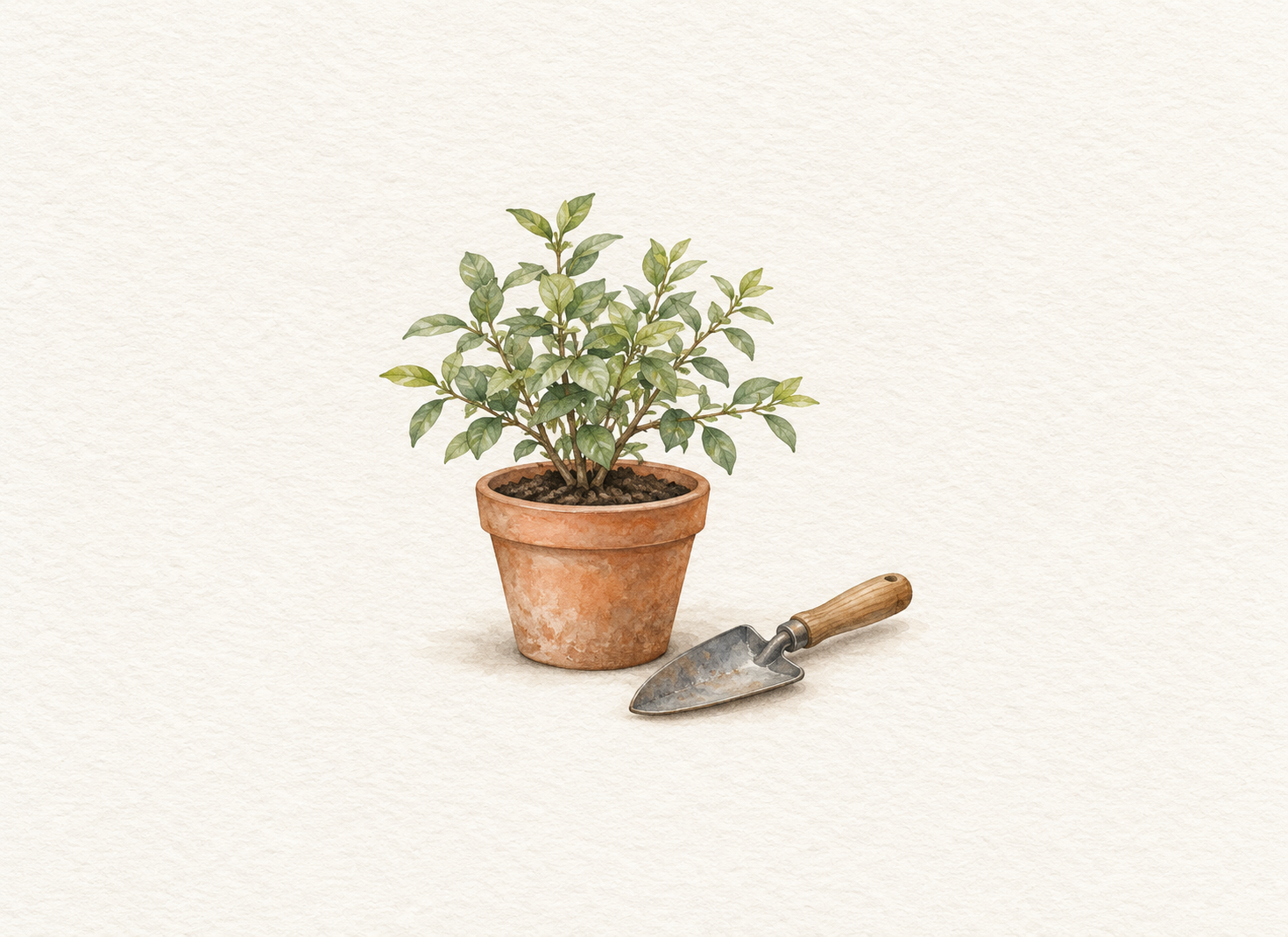 鉢植えと園芸用スコップを描いた水彩風の生成イラスト