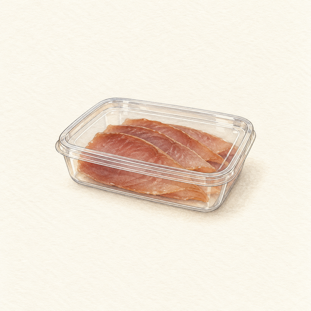 魚の加工品を入れた無地のふた付き容器を描いた水彩風の生成イラスト