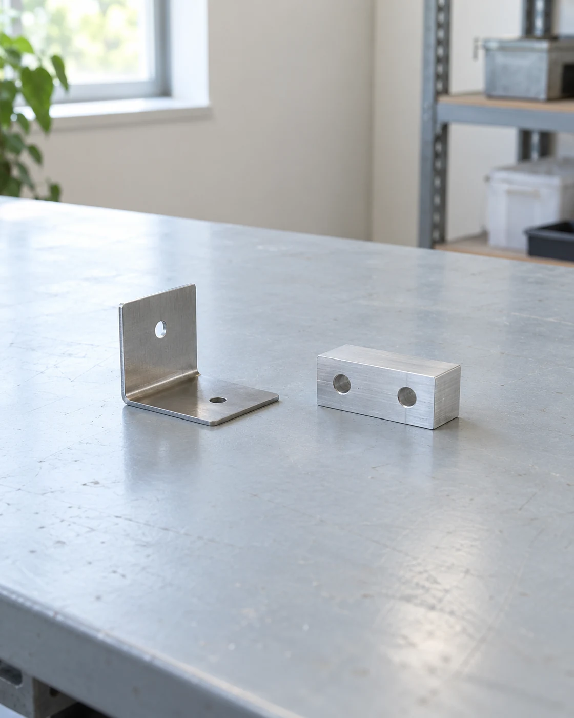 作業台に置いた穴のある金属部品2点。製品と加工の案内を考えるための生成イメージ