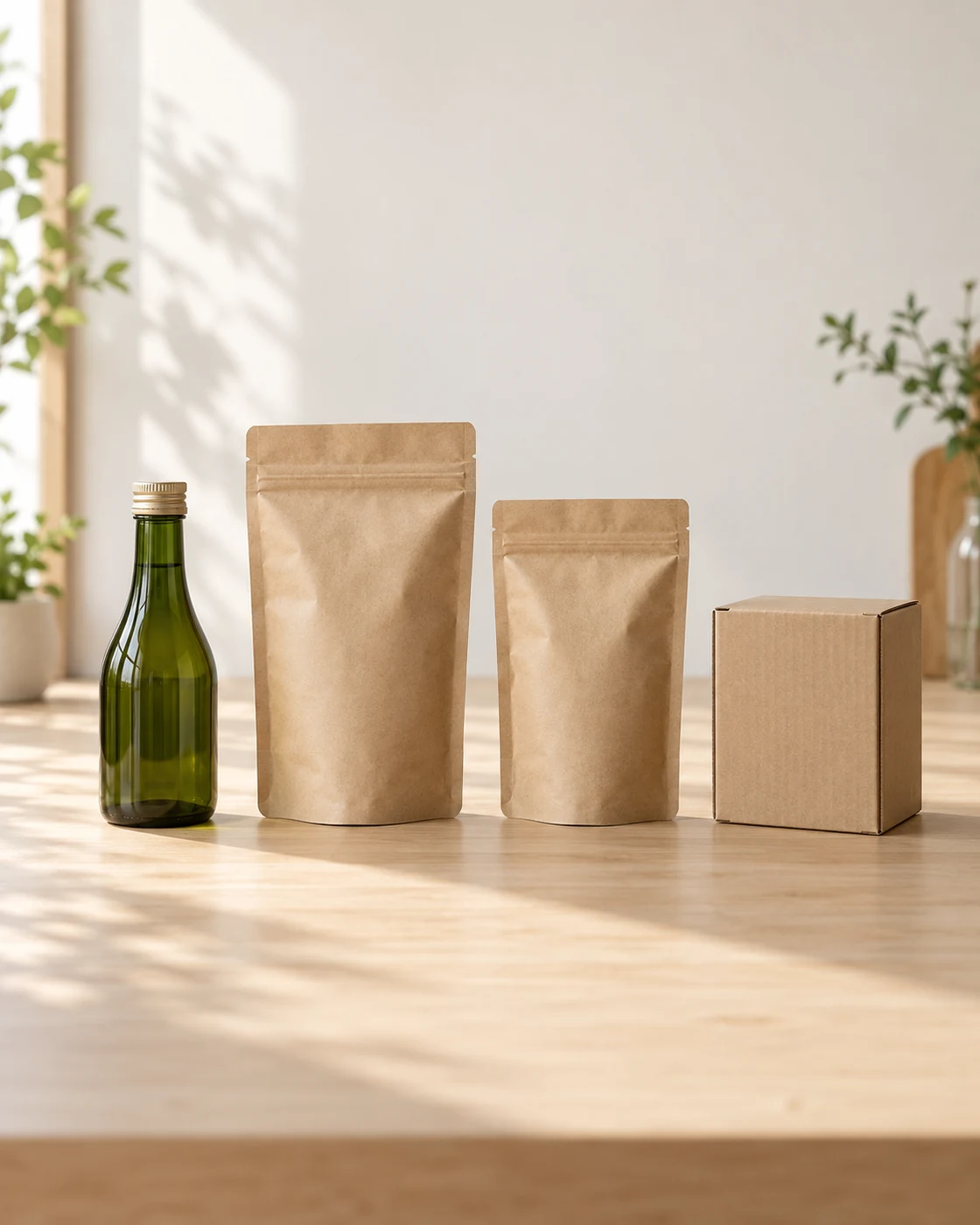 木の台に並べた無地の瓶、紙袋2個と箱。商品の販売案内を考えるための生成イメージ