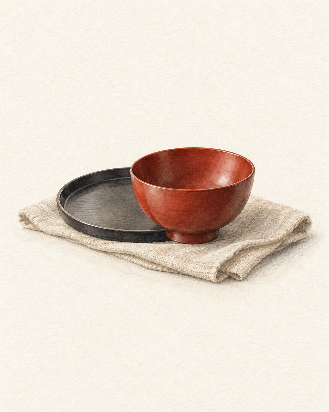 赤茶色の椀と黒い盆、生成りの布を描いた水彩風の生成イラスト