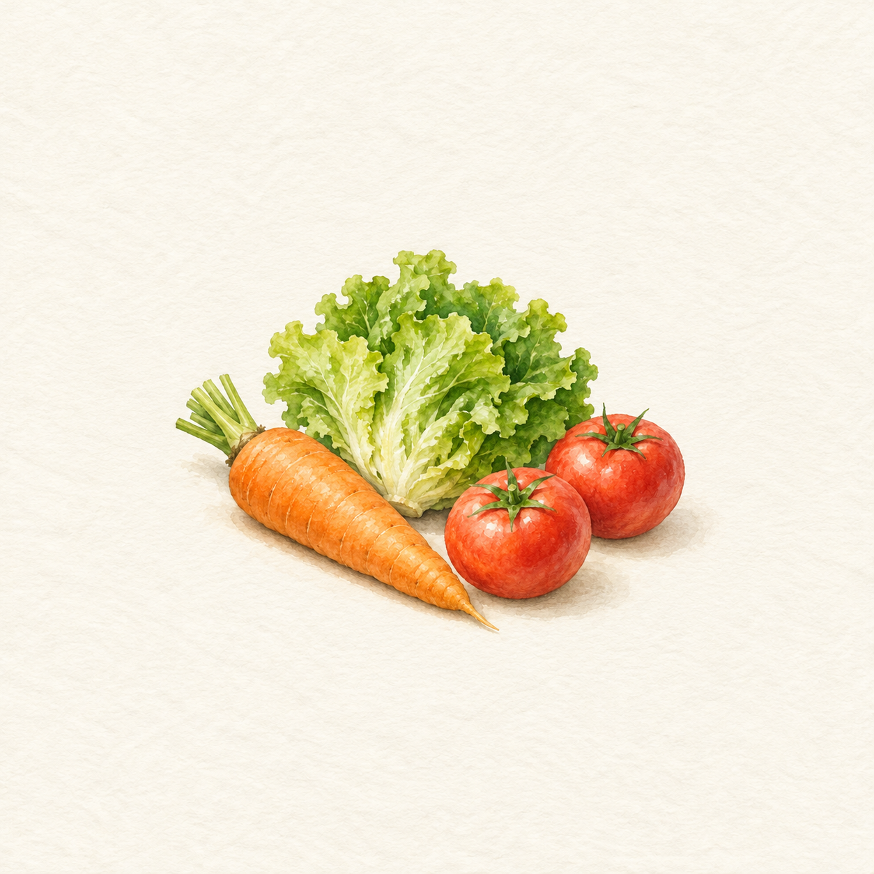 にんじんとトマト、葉物野菜を描いた水彩風の生成イラスト
