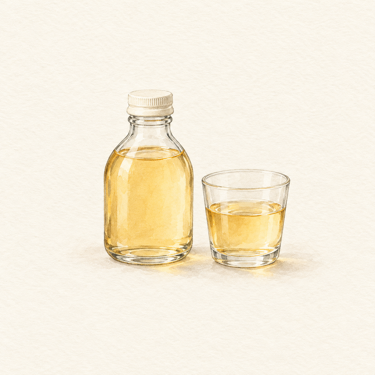 淡い色の飲料を入れた無地の瓶とグラスを描いた水彩風の生成イラスト