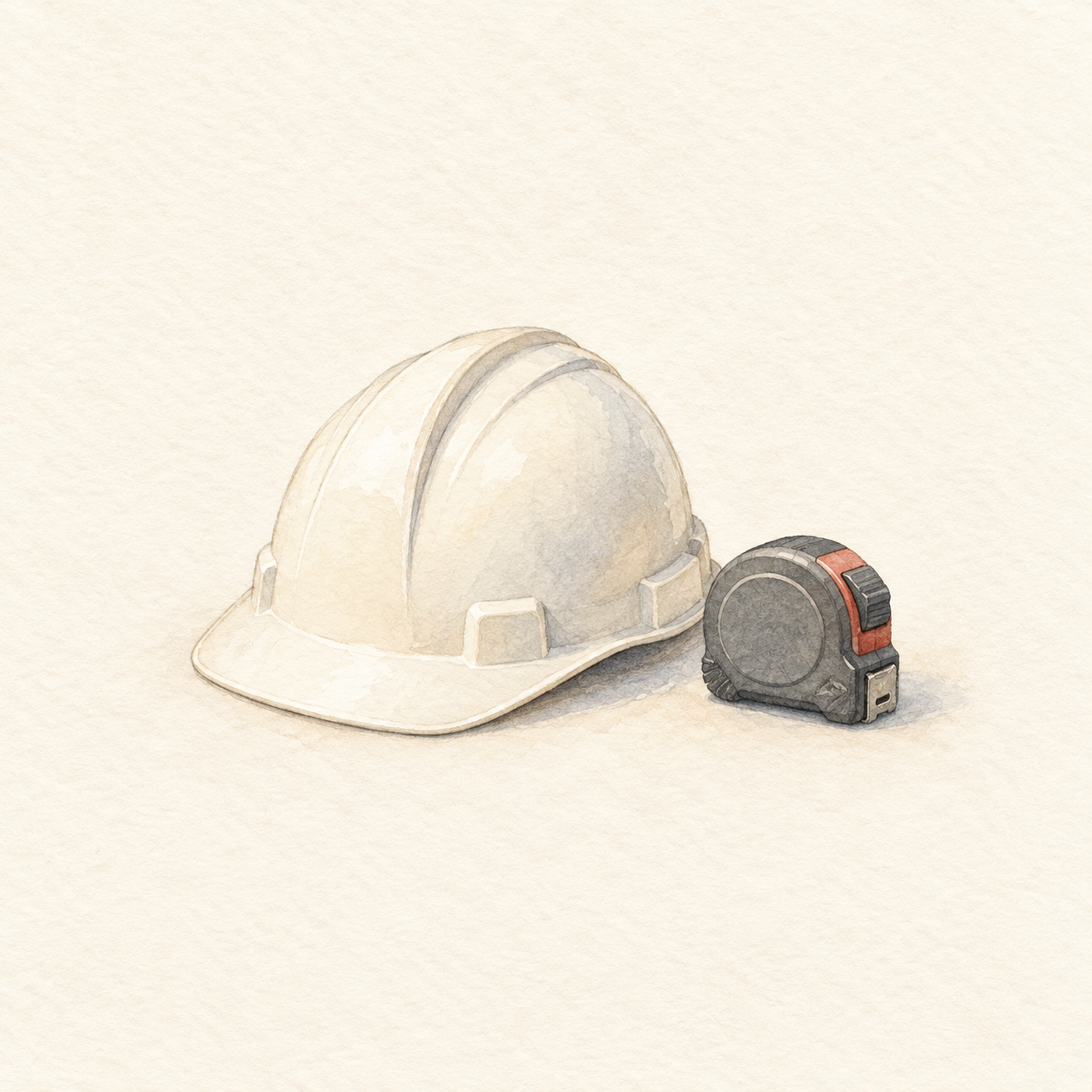 無地のヘルメットと閉じた巻き尺を描いた水彩風の生成イラスト