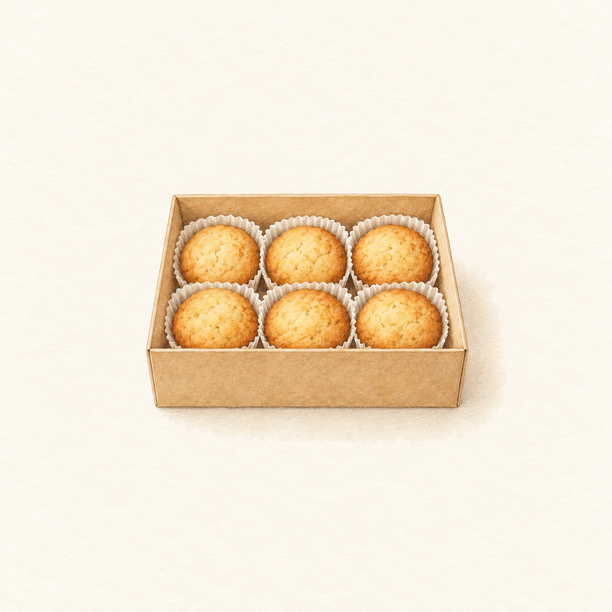 紙箱に丸い焼き菓子6枚を並べた水彩風の生成イラスト