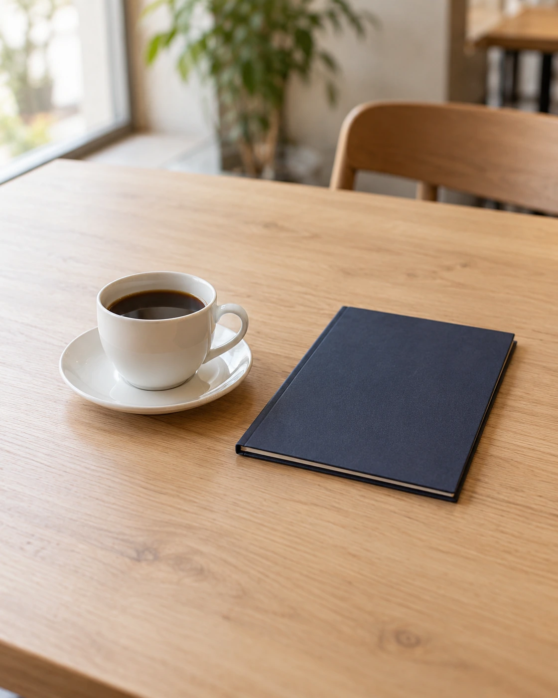 木のテーブルにコーヒーカップと無地の冊子を置いた生成イメージ